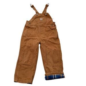 Carhartt Kids Lined Duck Bib Overalls Brown Plaid Fleece Lined 3T Workwear